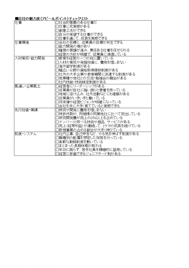 自社の魅力度（アピールポイント）チェックリスト