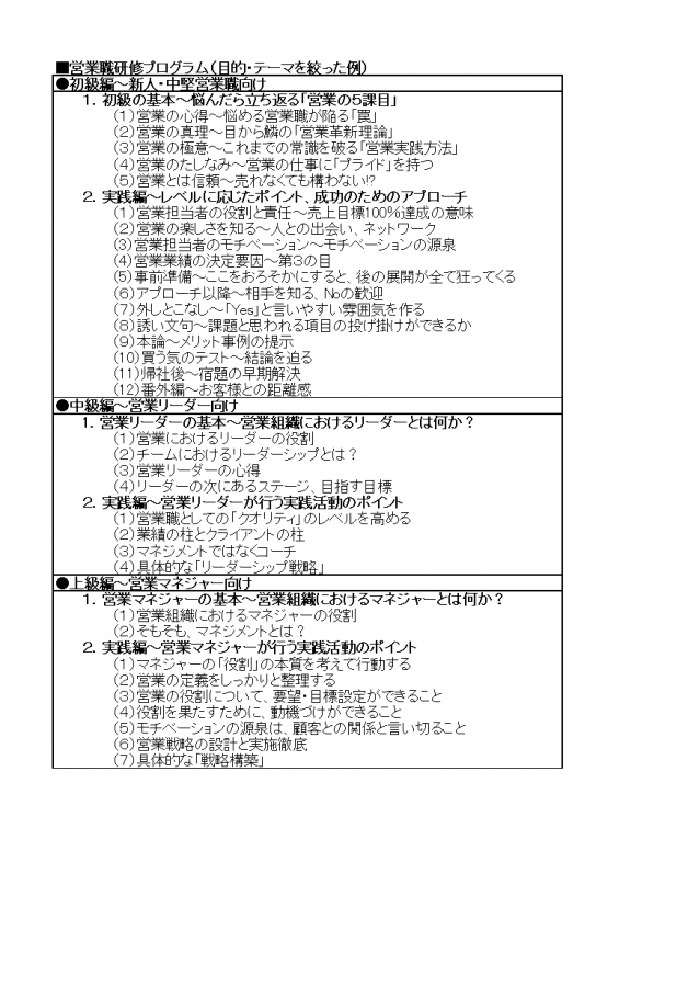 営業職研修プログラムのカリキュラム例
